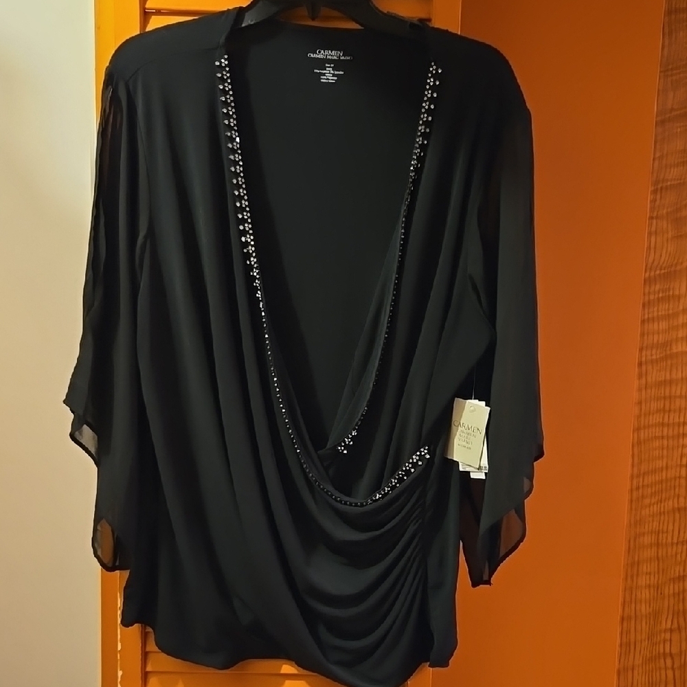 Black Draped Top with Rhinestone Accents